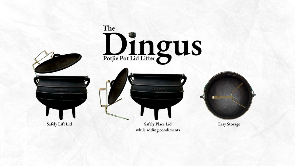 The Dingus potjie pot lid lifter — safely lift the lid, safely place the lid while adding condiments, and easy storage